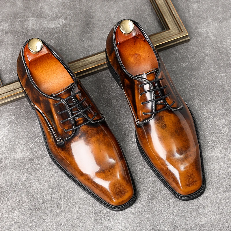 HKDQ Italian Shoes Man Dress Casual Genuine Leather British Oxford Shoes Men Black Brown Blue Wedding Men Lace Up Formal Shoes