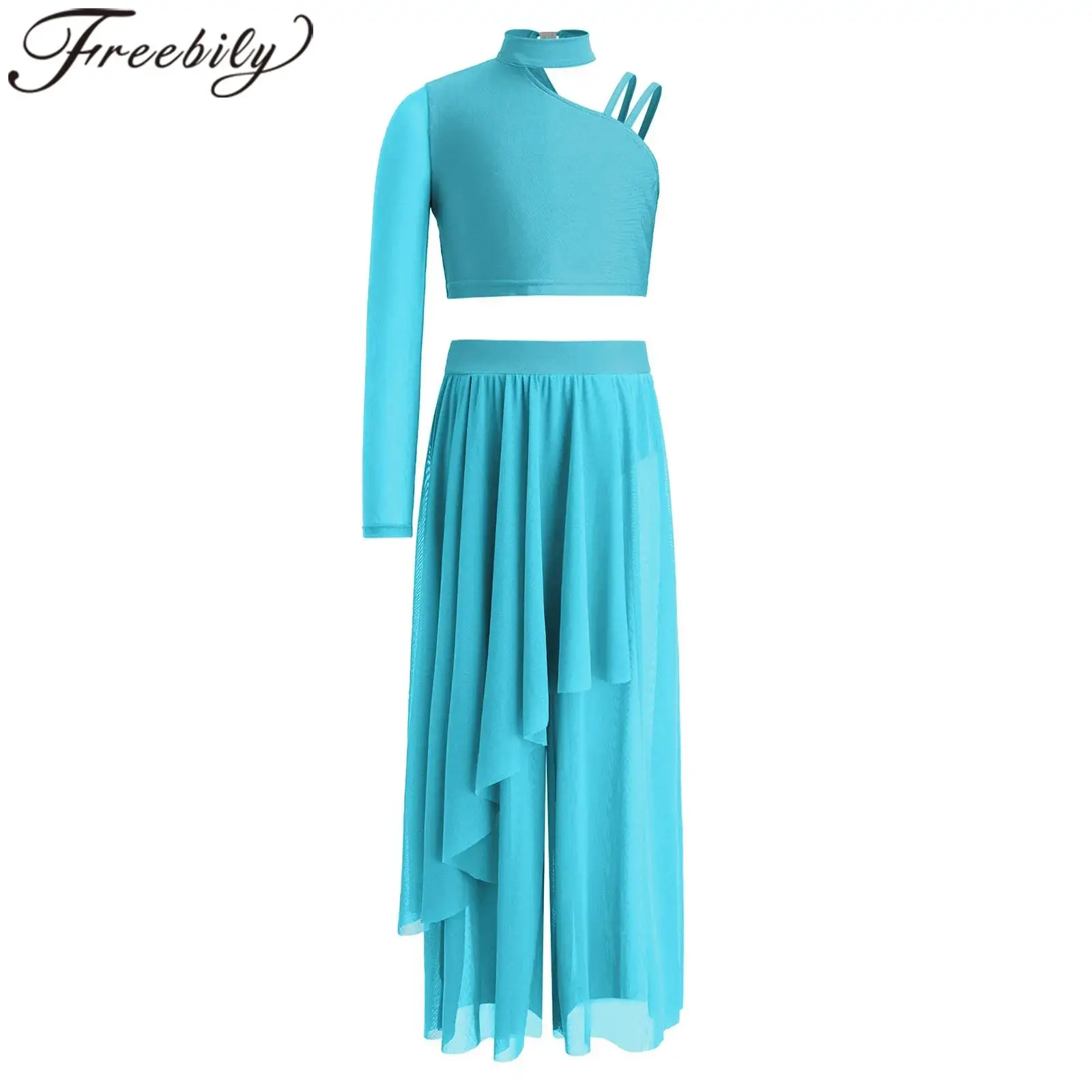 

Children Modern Dancwear Kids Girls Mesh Patchwork Lyrical Dance Outfit Asymmetrical Shoulder Crop Top + Wide-leg Pants Suits