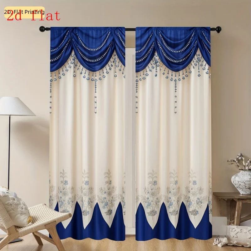 Elegant Royal Blue Floral Curtains Set Pair for Living Room Bedroom Drapes Swag Valance Beige Window Curtains Panels Home Decora