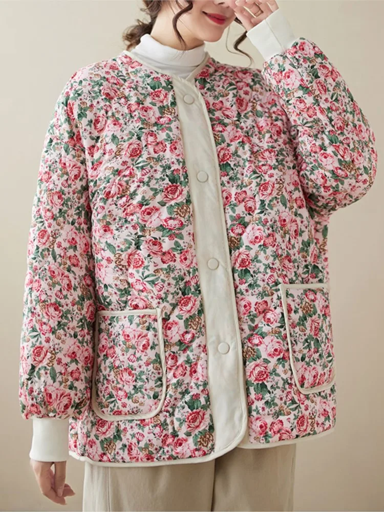 Chaquetas acolchadas de algodón con flores y flores para mujer, abrigo holgado de manga larga para mujer, abrigos de invierno de gran tamaño para mujer