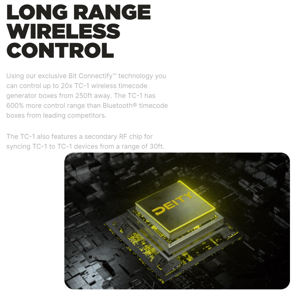 Набор беспроводных функций Deity TC-1 Box 3, радио 2,4 ГГц, точность Timecode ppm, максимальный диапазон футов, поддержка управления приложением