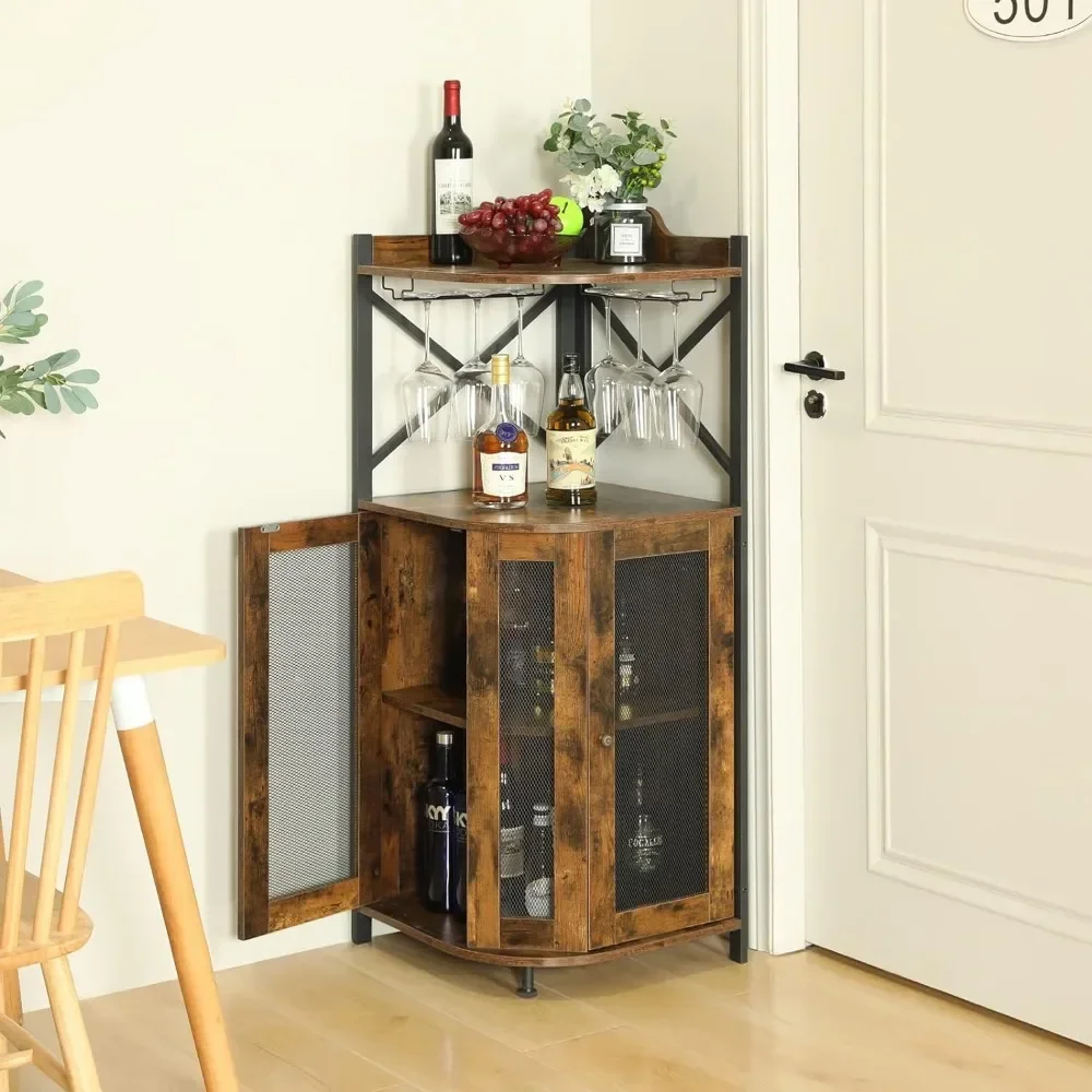 Armoire de bar d'angle avec porte-verre, réfrigérateur à vin, bar à la maison pour le stockage français ou du vin, vitrines marron rustique T1