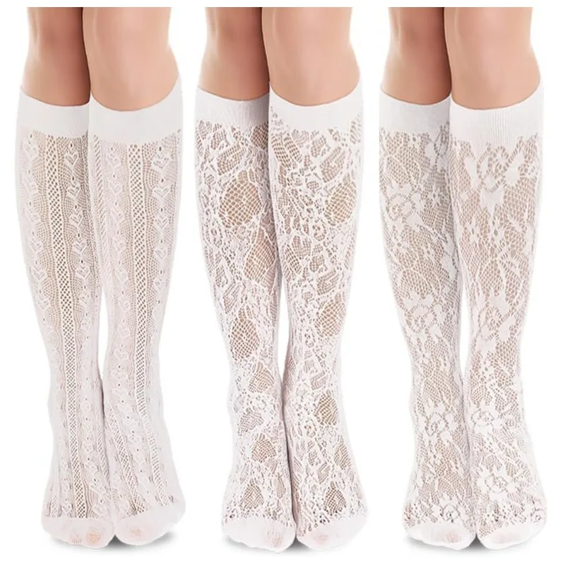 

3 Pairs of Women'S Summer Thin Long Stockings, Stockings, Versatile Lace Flower Vine Socks, Pressure Calf Socks