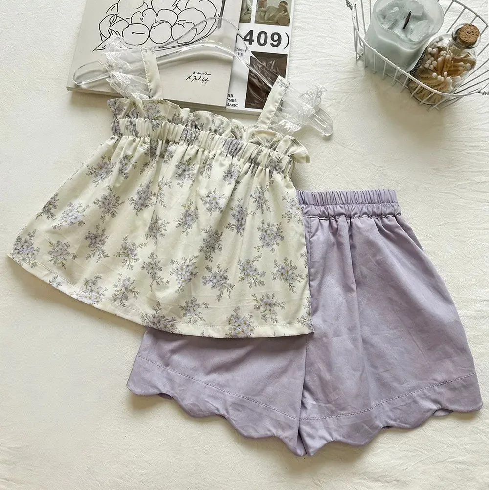 Girls Floral Lace Patchwork Strapless Set Summer New Taro Purple Stylish Wave Ruffle Shorts Two Piece Set