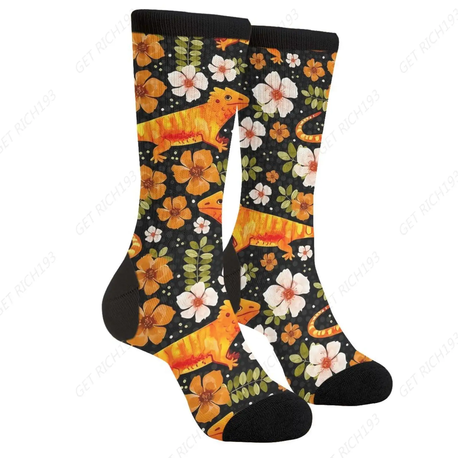 Large Scale Bearded Dragon Dragons Reptile Lizard Lover Tropical Flowers On Black Unisex Casual Funny Socks Gifts For Men Women