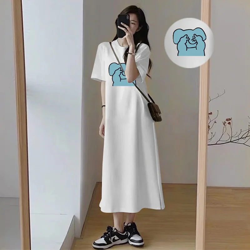 Women Plus Size Maxi T-shirt Dress Korean Style Cute Cartoon Elephant Print Short Sleeve Loose Summer Casual Long Dress
