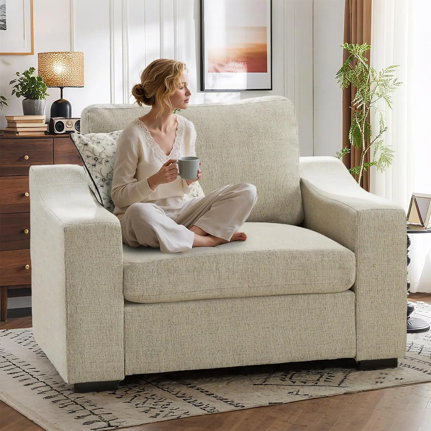 47' W Übergroßer Leinen-Akzentstuhl, moderner, waschbarer Polstersessel mit tiefem Sitz, Haferflocken