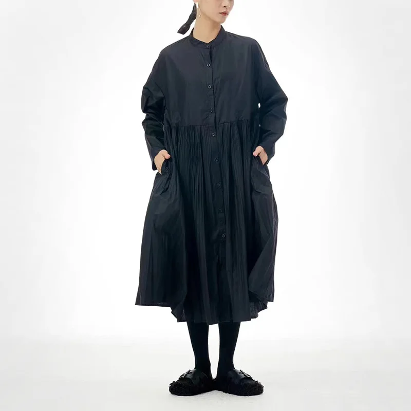 

SuperAen 2024 Spring New Solid Color Oversize Dress Fashion Women's Folded Stand Collar Long Shirt Dress