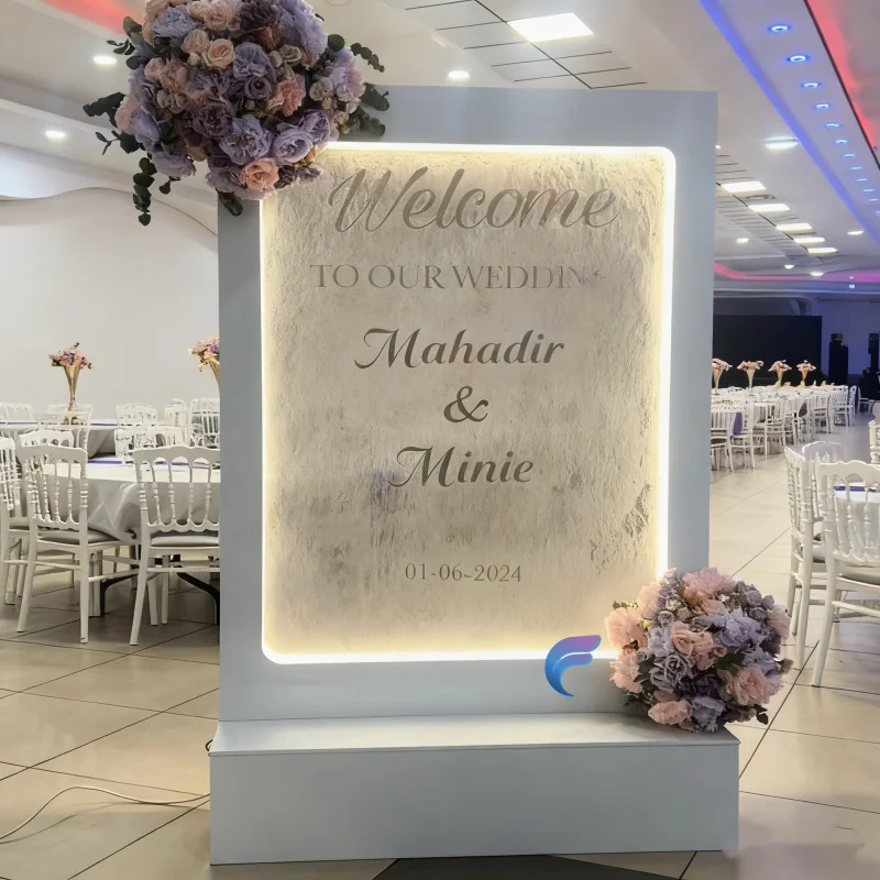 مخصص. الفولاذ المقاوم للصدأ الزفاف لافتات الزجاج شلال الجدار مع قوس الديكور LED نافورة التحكم اللاسلكية