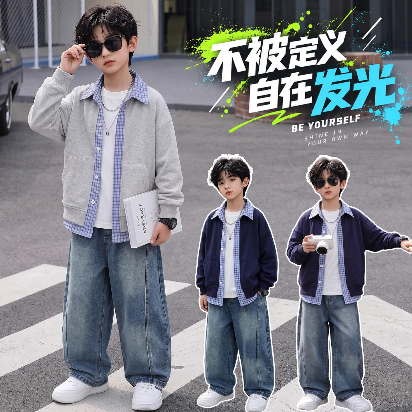 4-16 Years Kids Spring Autumn Fashion False 2-Piece Cardigan Children Plaid Collar Knitted Sweater Boys Casual Lapel Coat 5