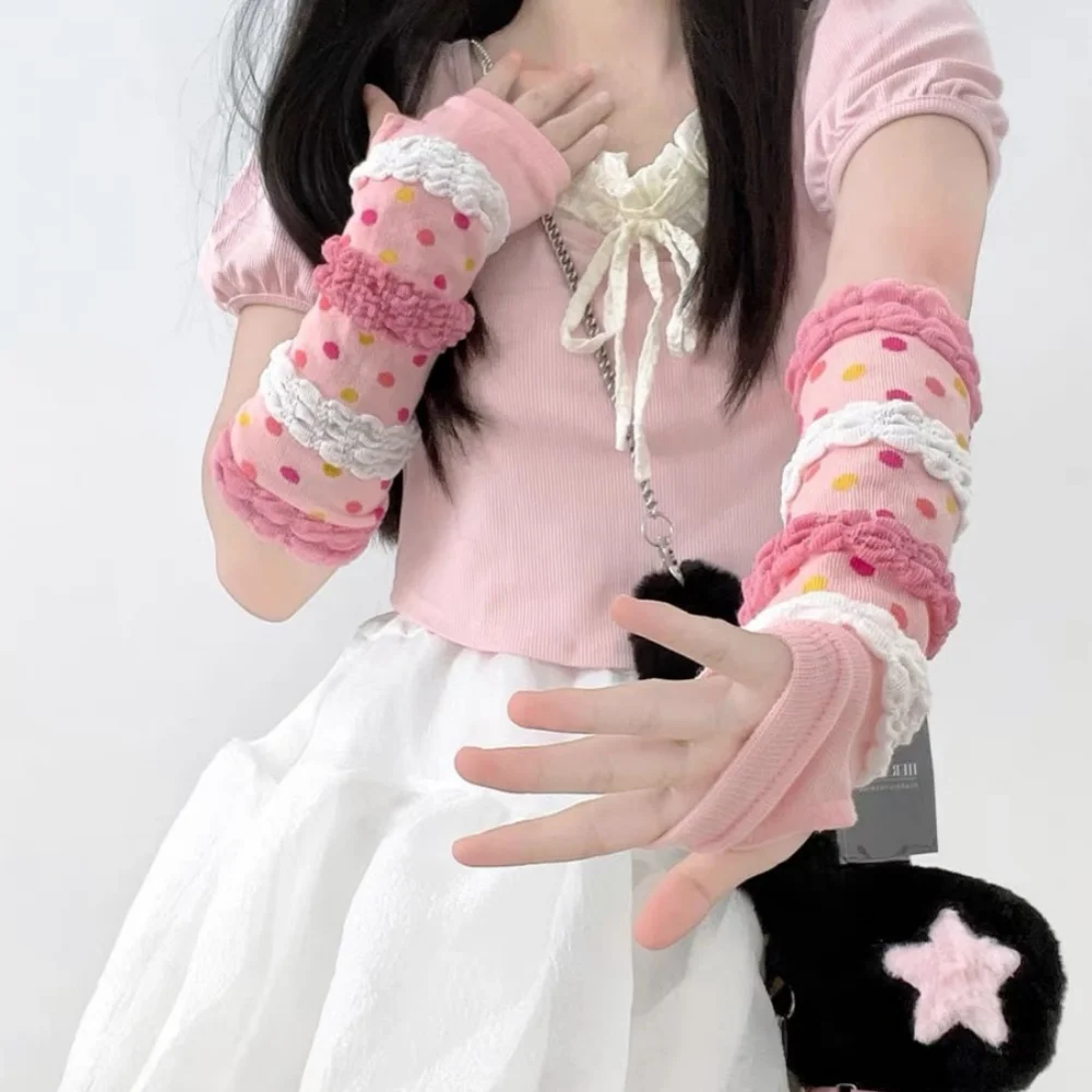 Y2K Arm Warmers Girl Heart Loli Arm Sleeve Cute Bubble Sleeves Lolita Color Dots Sleeves Pink Pink Long Gloves Sweet  Arm Cover