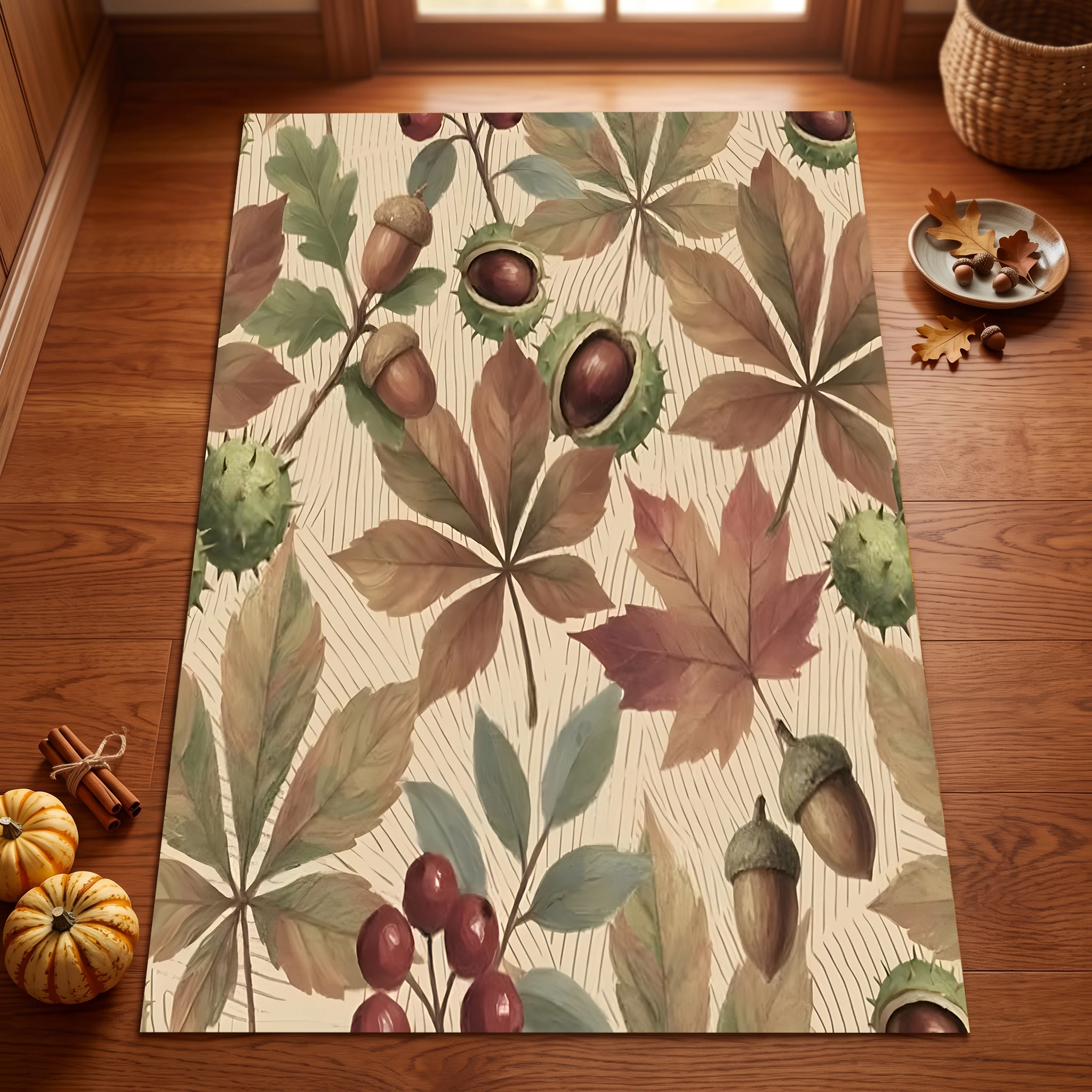Autumn Leaves, Chestnuts, Acorns, and Berries Prints Create a Retro, Pastoral Style for the Living Room, Bedroom, and Entryway A Velvet Rug Adds Warmth and a Harvest Atmosphere, Perfect for Autumn and Winter.