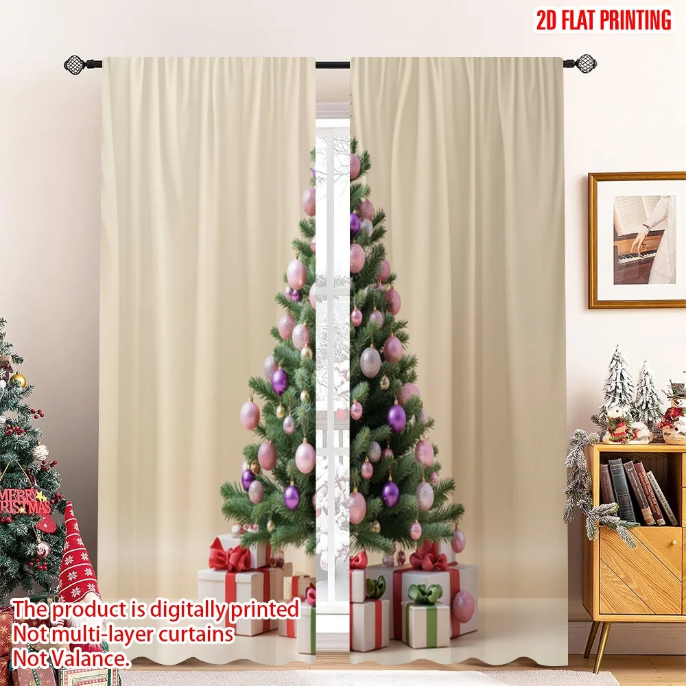 

2pcs 2D flat printing Merry Christmas Party Curtains Christmas Tree Ornaments Gifts_a Fabric Without Electricity Festive