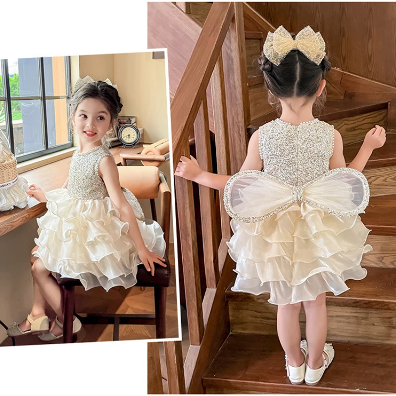 Luxury Baby Girl Dress Pearl Sequined Dress Sleeveless Tiered Organza Princess Dresses Bow Birthday Party Wedding Tutu Ball Gown