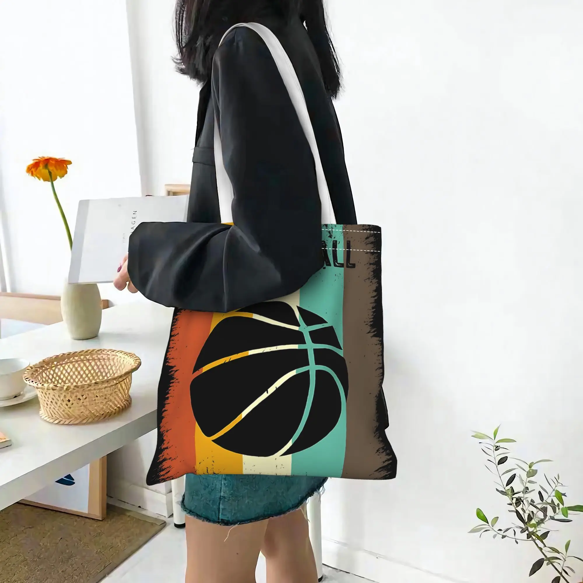 1pc Vintage Basketball Print Tote Shopping Bag, Suitable for Daily Use,Shopping,School,Travel, A Unique Gift for Basketball Fans