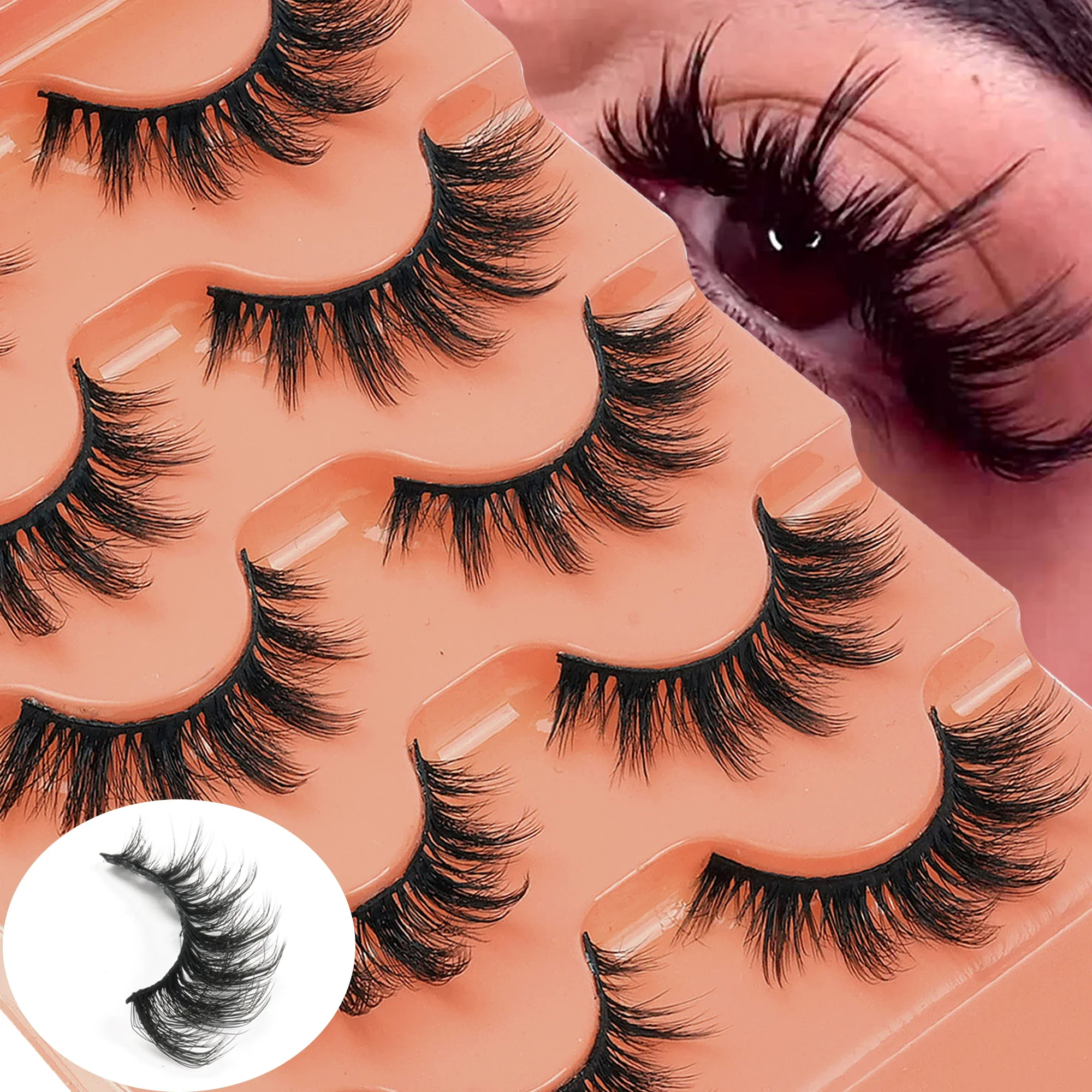 7 Pairs 5D Russian Volume Strip Lashes Faux Mink D Curl Wispy Dramatic Fluffy Reusable False Eyelashes Home & Salon Use