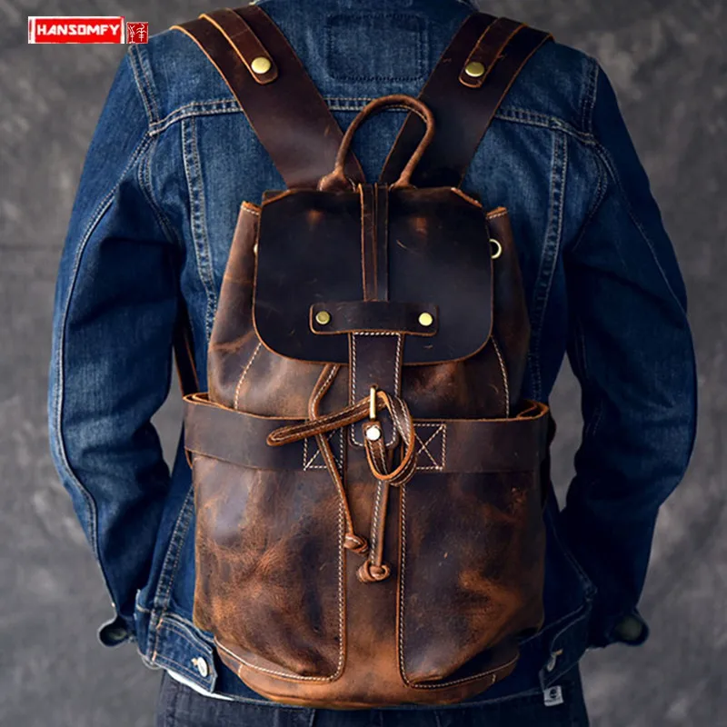 

Genuine Leather Men's Backpack Brown Retro Large Capacity Laptop Bag Travel Backpacks Crazy Horse Leather Schoolbag 2024 New