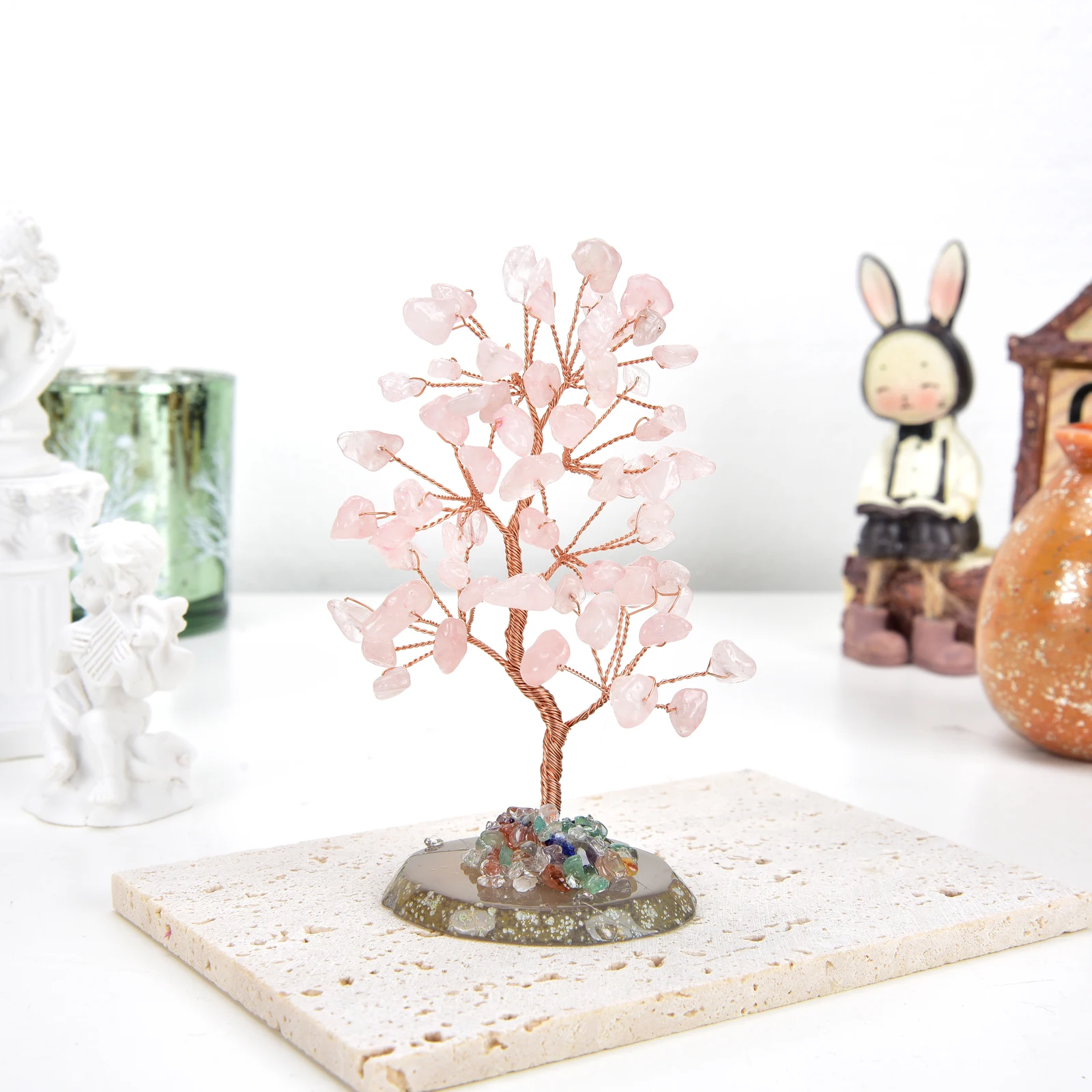 Lucky Crystal Tree Random Stone Base Natural Rose Quartz Money Tree for Positive Energy Crystal Tree Home Office Decoration