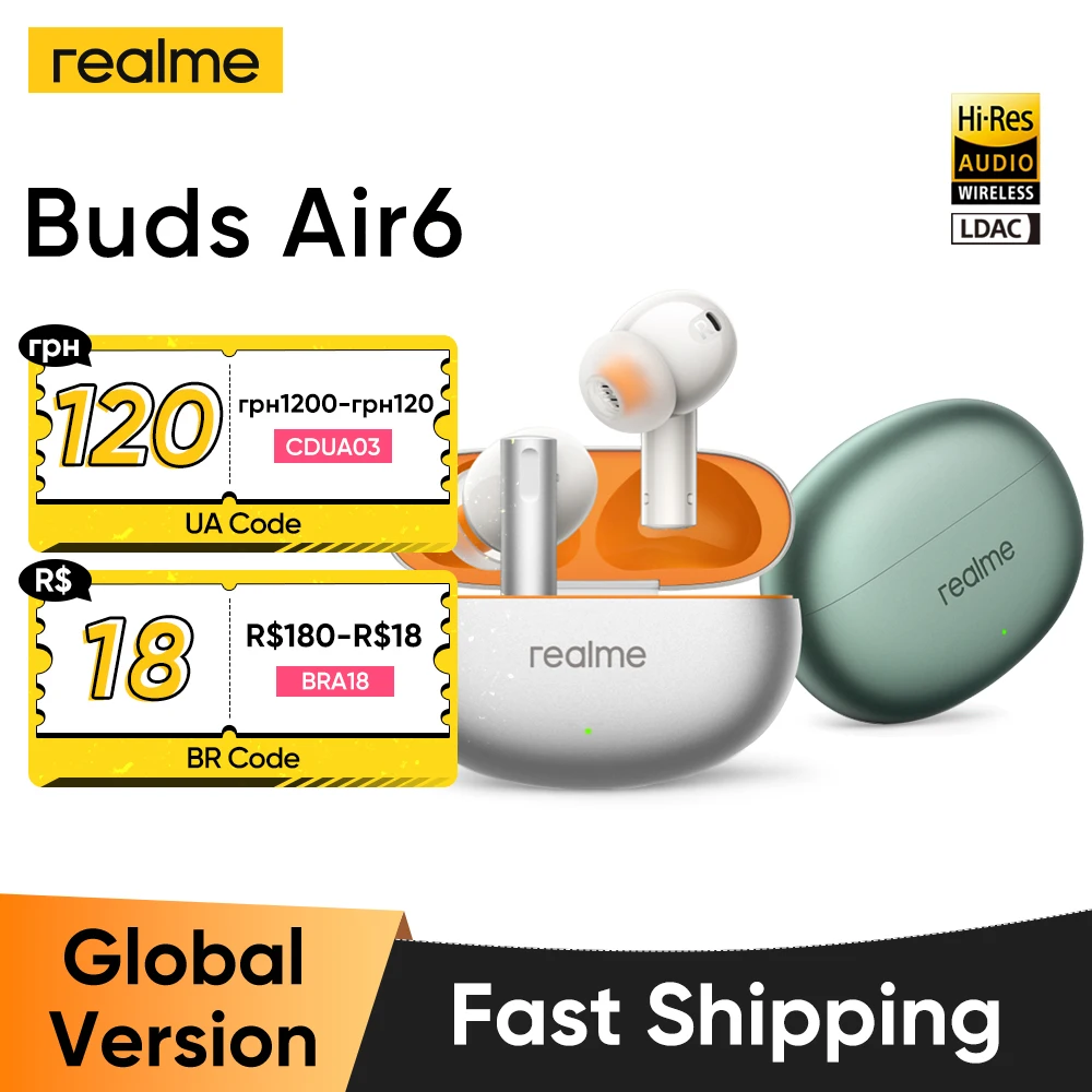 realme Buds Air 6 Wireless Earphone Hi-Res LDHC 5.0 50dB Smart Active Noise Cancelling 55ms Low Latency Bluetooth 5.3 Headphone