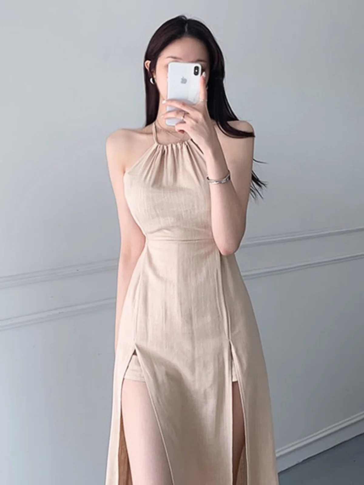 South korea Chic Holiday Sle French sle Retro off-the-Shoulder Design Split Lace-up Waist Hugging Slimming Sling Dress Wo...