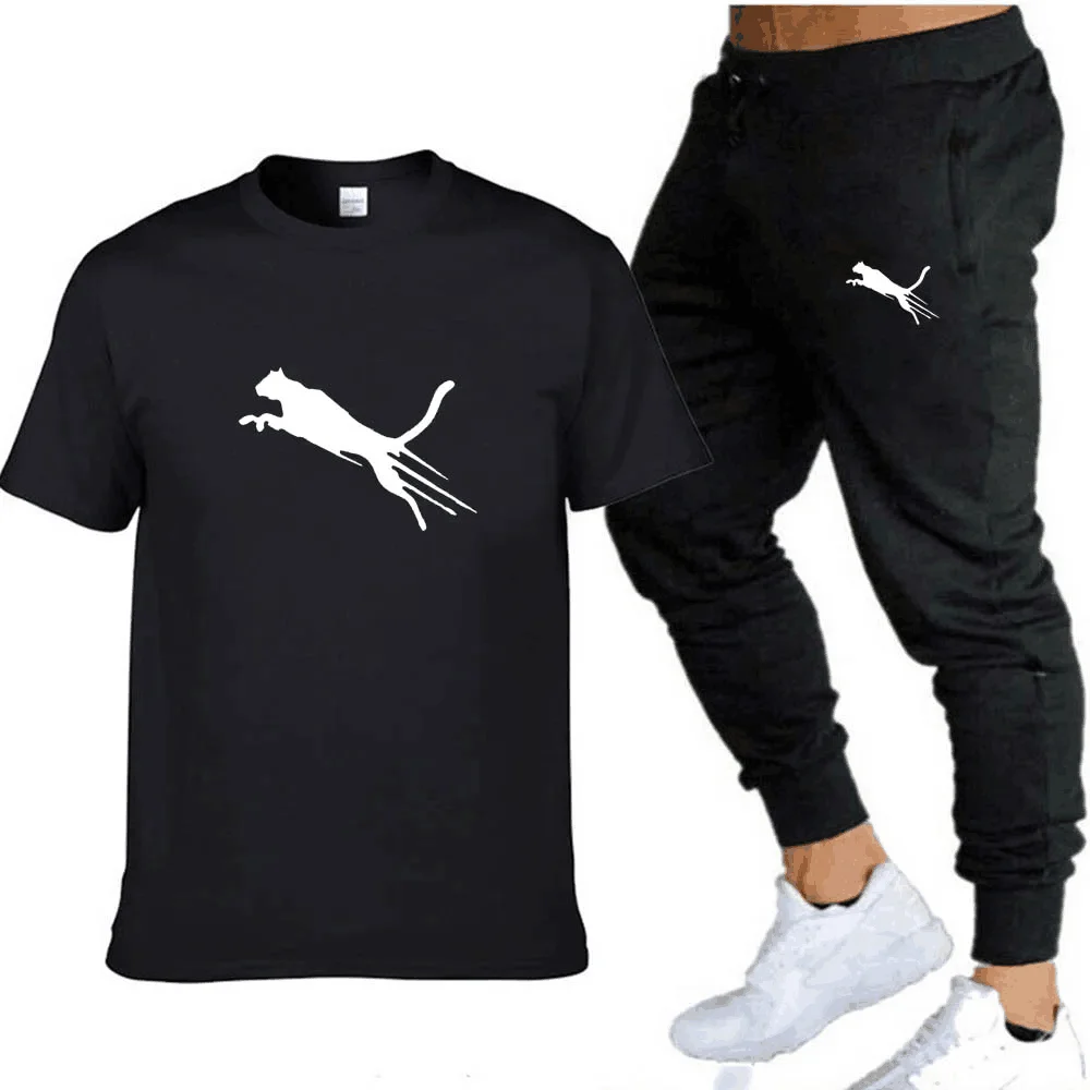 Cotton Men's Matching T-Shirt And Casual Black Pants Set, Basic T-Shirt, Summer Sportswear, High-Quality Fashion, Two-Piece Set