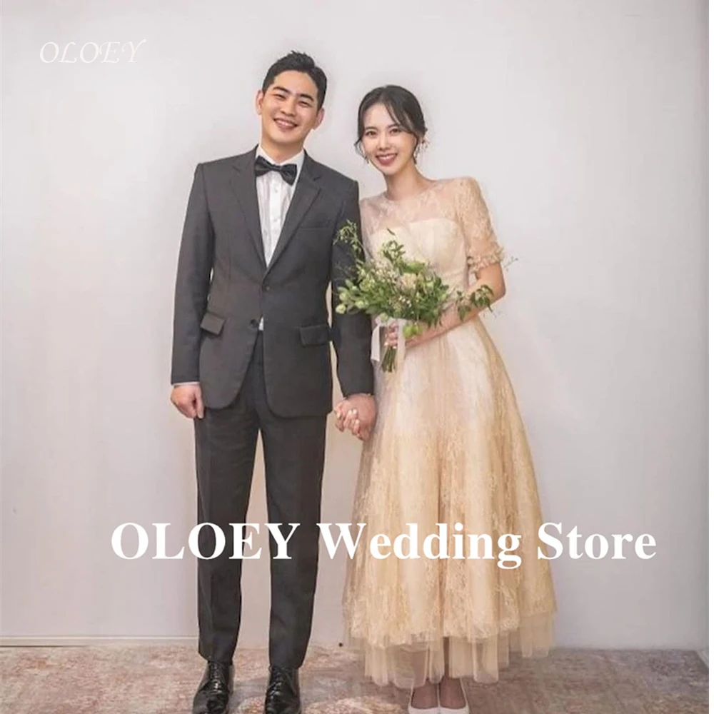 

OLOEY Elegant Champagne Lace Wedding Party Dresses Mother Bride Formal Evening Gowns O-Neck Short Sleeves Ankle Length Customize