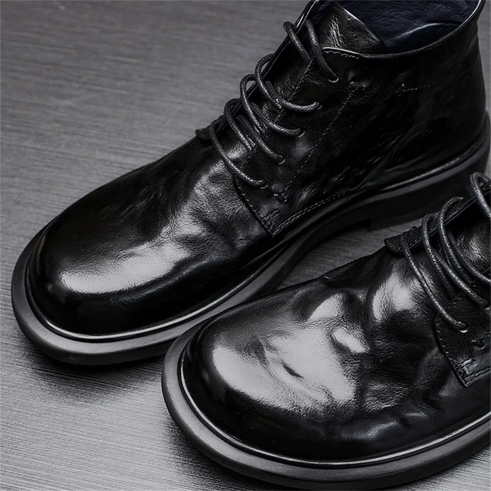 Men's Genuine Leather High Top Boot Round Toe Mid Top Black Flat Bottom Lace Up Winter New Trendy Casual Fashion Short Boots
