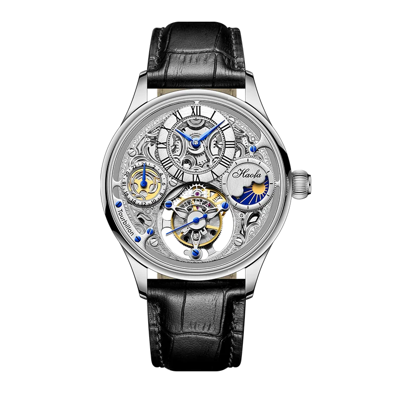Haofa Manual Skeleton Tourbillon Watch for Men Sapphire Mechanical GMT Moonphase Hollow Watches Men Luxury Casual Business 1035
