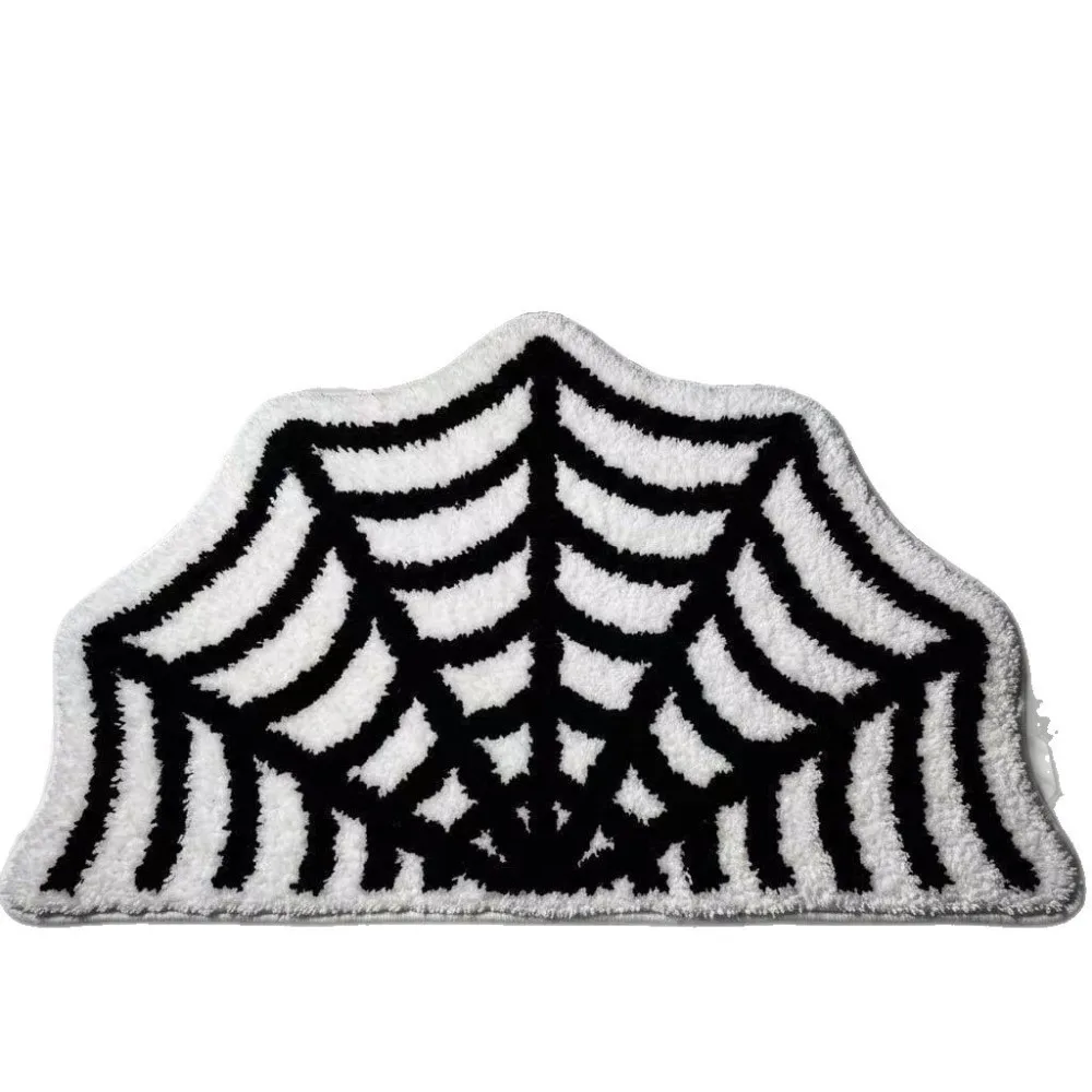 Faux Cashmere Spider Web Carpet Half Round Non-slip Halloween Doormat Quick-Drying Water-absorbing Bathroom Rug