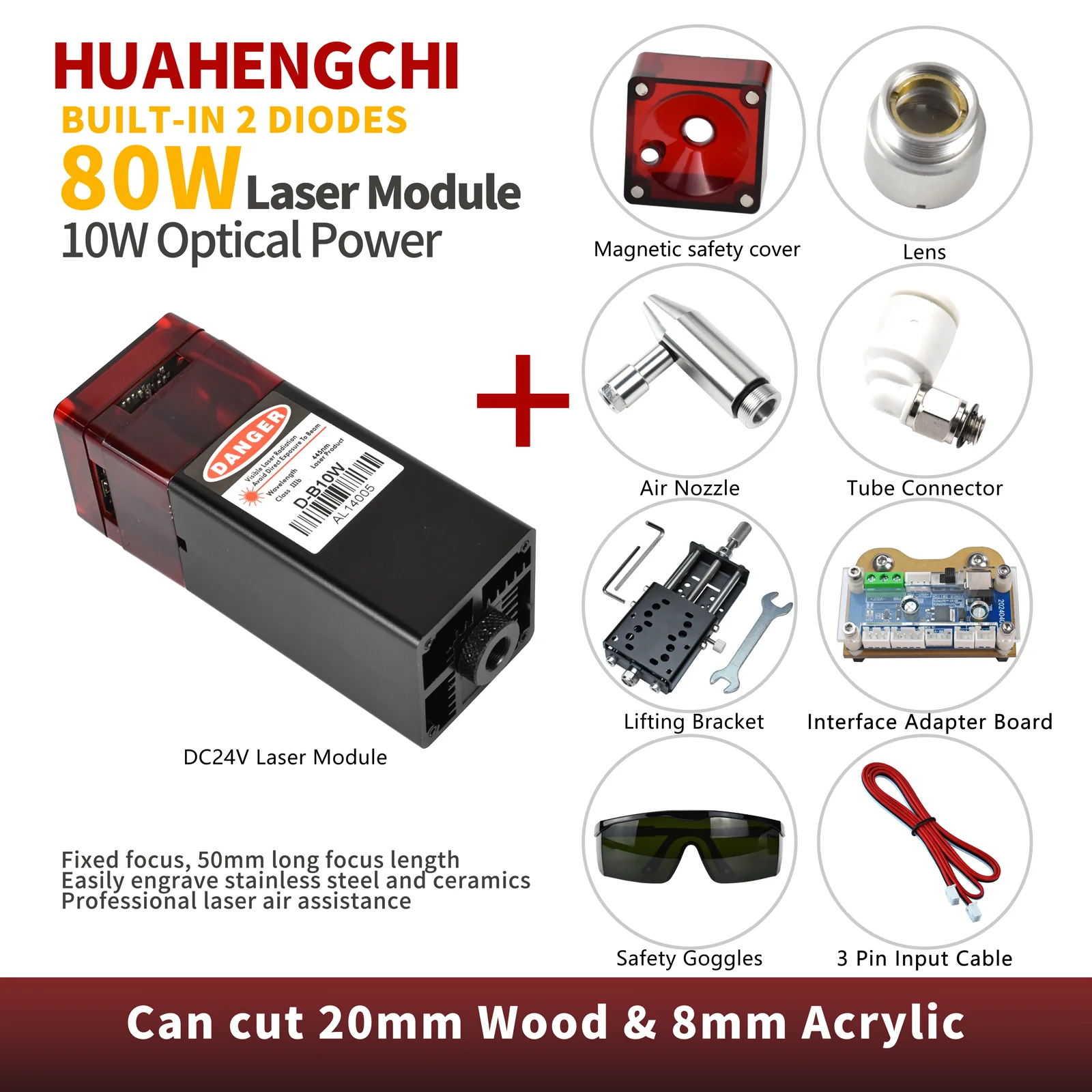80W Laser Module Head for CNC Laser Engraver Cutting Engraving Marking Machine Focal Fixed 10W Optical Power Wood Tools DC24V