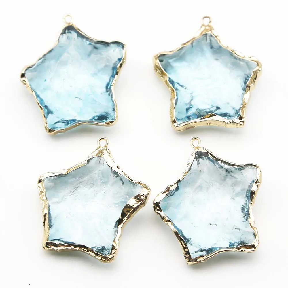 Natural Raw Ore Blue Crystal Five Pointed Star Gold Eedged Necklace Pendants Earring Bracelet Jewelry Accessories Wholesale 8Pcs