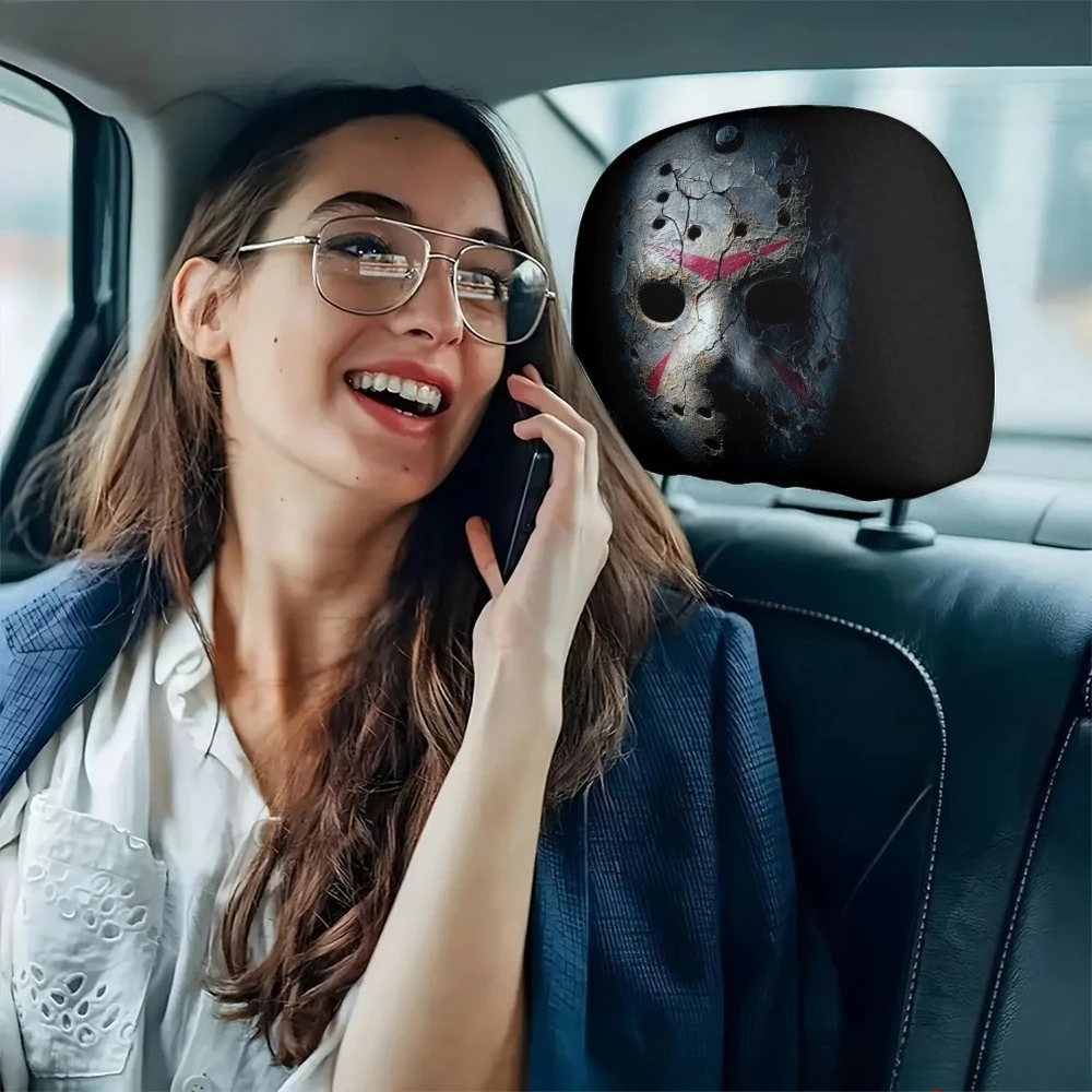 Scary Hockey Mask Stripe Print Headrest Cover, Easy To Install & Remove, Essential Car Interior Decor Headrest Cover