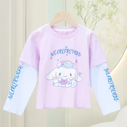 Sanrio Anime Kuromi Cinnamoroll My Melody Children Long Sleeve T-Shirt Autumn Fake Two Casual Cotton Tops Kids Clothes Girl Gift