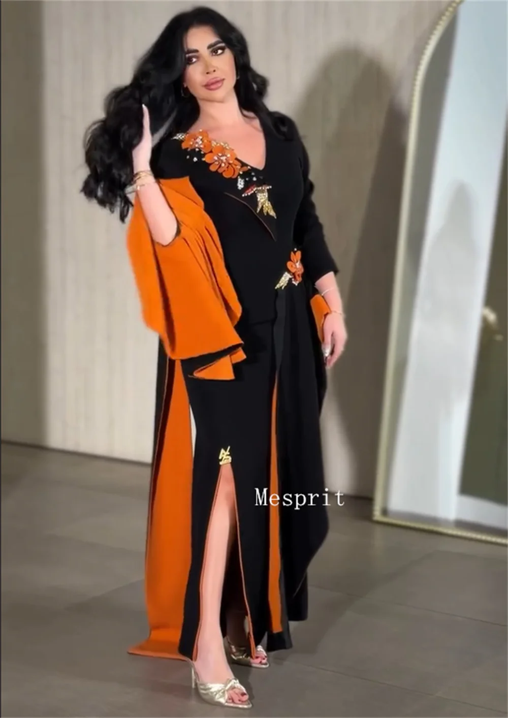 Customized Classic Jersey Pleat Sequined Flower A-line V-neck Long Bespoke Occasion Party Dresses High Quality view 3