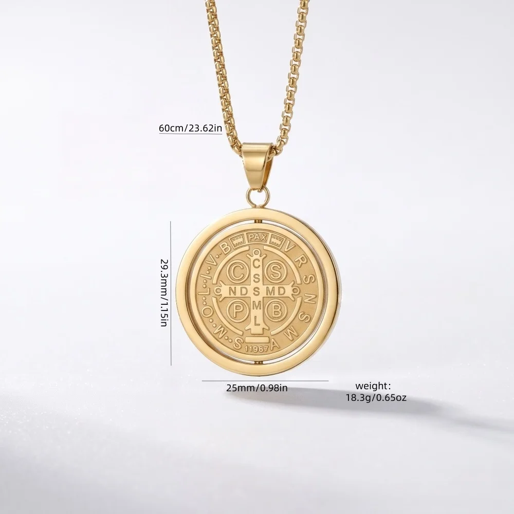 Rotatable Double‑Sided Embossed Round Medallion Necklace Stainless Steel Box Chain Pendant Necklace Unisex Retro Fashion Jewelry