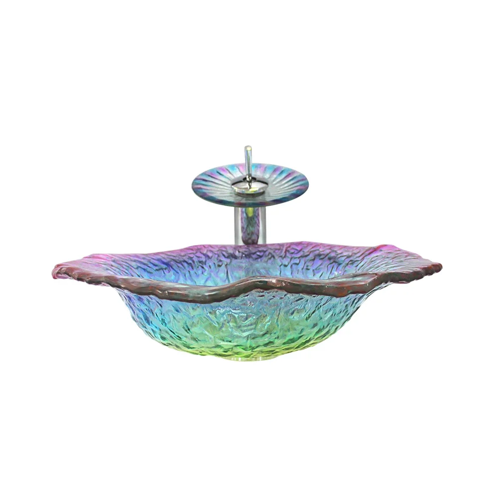 Transparent  Rainbow Color Tempered Glass Washbasin Artistic Basin flower Shaped Table Top Glass bathroom sinks glass sink bowls