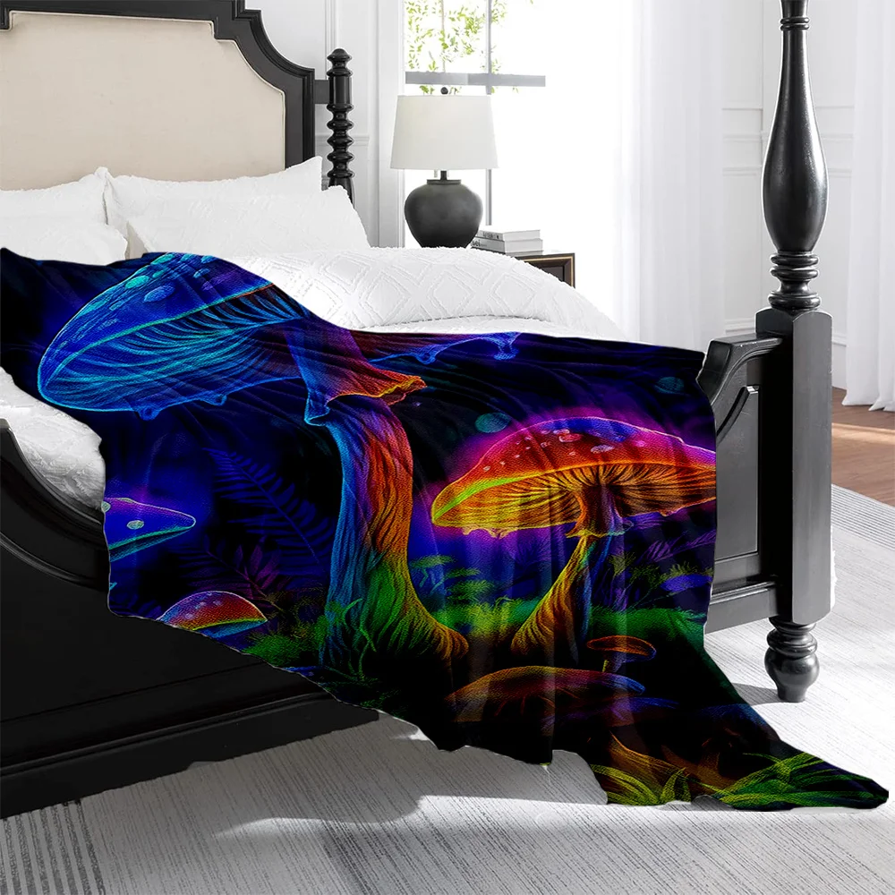 1pc Neon Glow-in-the-Dark Rainbow Mushroom Forest Fleece Blanket - Plush Quilted Flannel Bedspread with Glowing Fungi & Biolumin