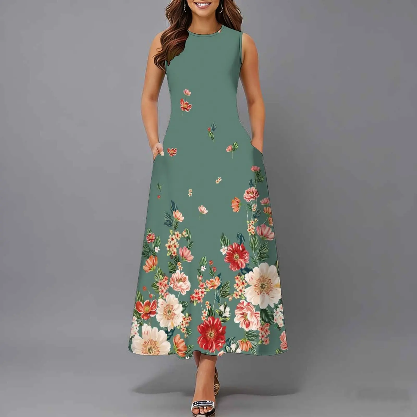 Women Sleeveless Long Maxi Dress With Pockets 3D Oil Painting Print Casual Loose Summer Vacation Party Sundress