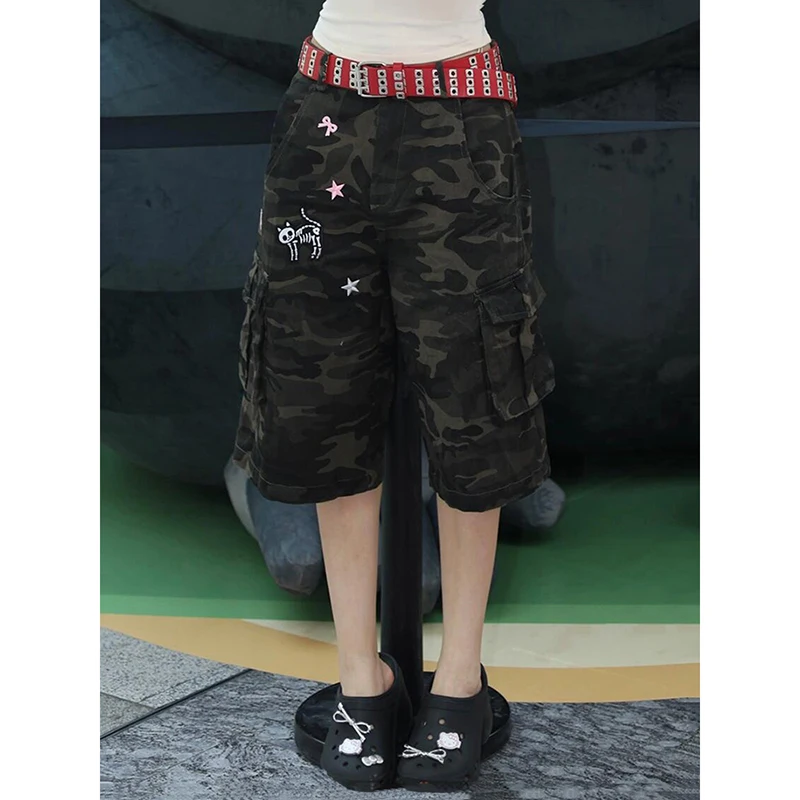 PBAP Women Cargo Jean Jorts Camouflage Embroidery Multi-pocket Low Waist Loose Bermuda Pants Cutecore Vintage Korean Streetwear