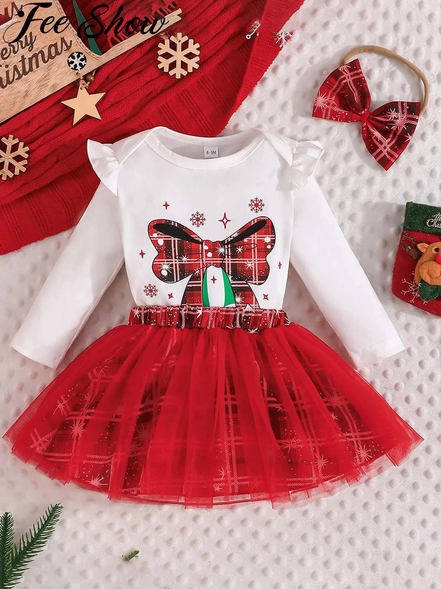 

Infant Baby Girls Clothes Christmas Rompers Outfits Long Sleeves Cute Bowknot Print Bodysuit with Plaid Tulle Skirt And Headwear