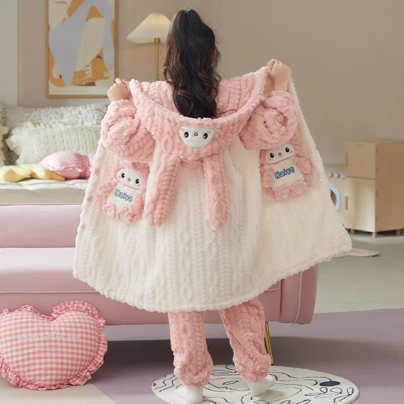 Kuromi Cinnamoroll Kawaii Anime Girl Plush Pajamas Robe Pants Sanrio Kid Winter Long-Style Cartoon Warm Thicken Hooded Home Wear