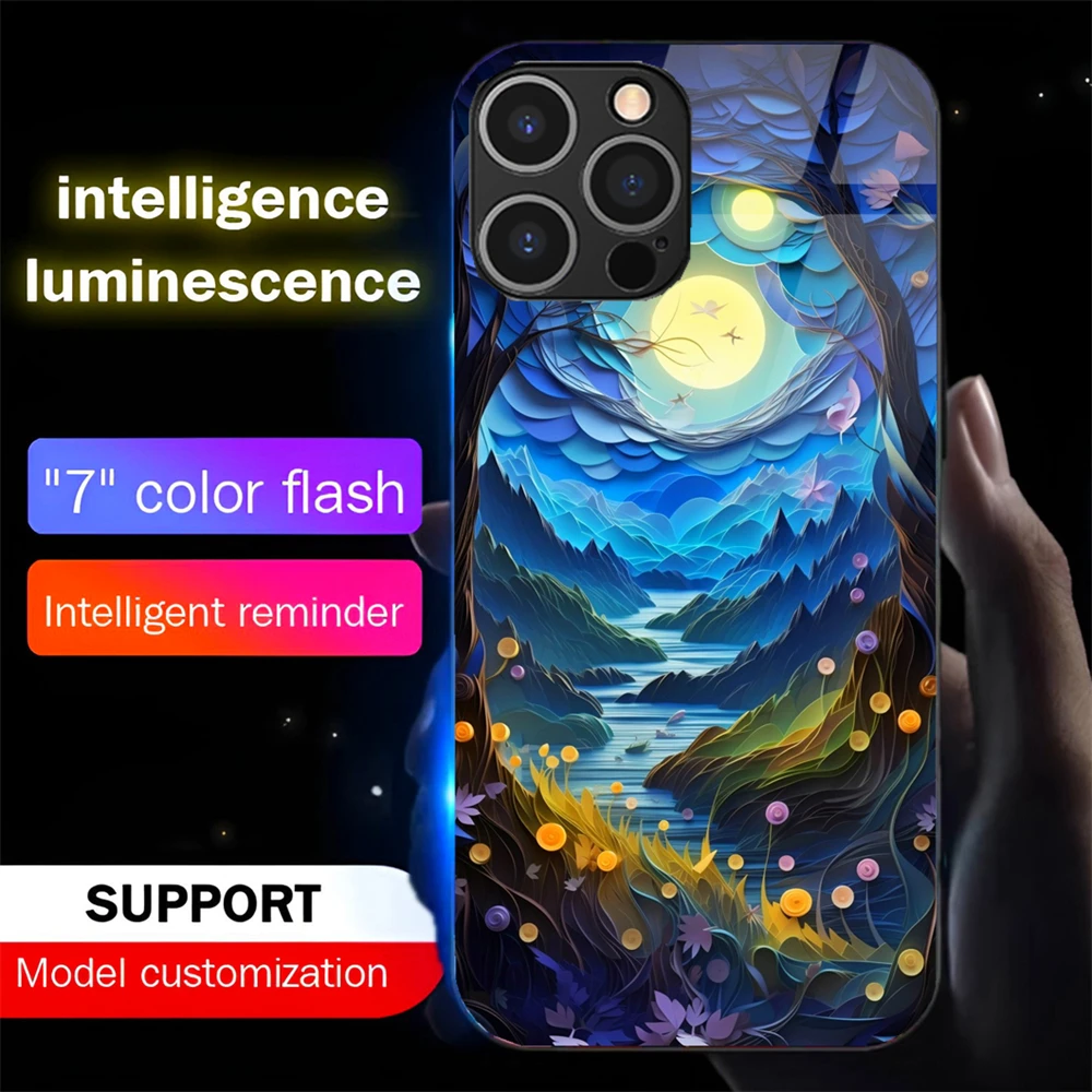 

Pretty Dreamy Forest Luminous Tempered Glass Phone Case LED Backlight Cover For iPhone 16 E 15 14 13 12 11 Pro Max X XR XS Plus