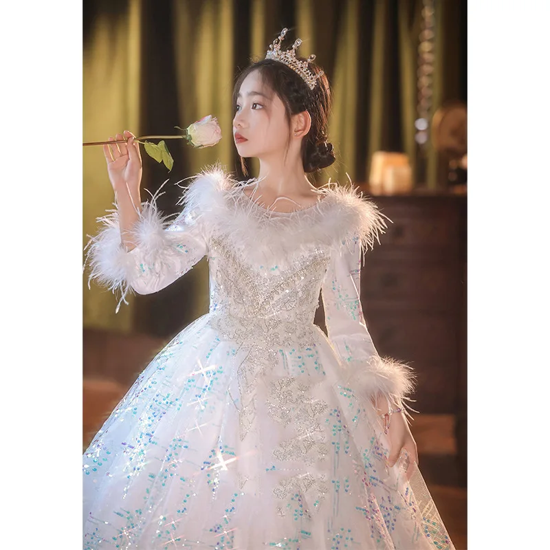 Children's Dress High-End Light Luxury Niche Exquisite Princess Dress Sequin Spring Autumn Long Sleeve Piano Performance Host Gi