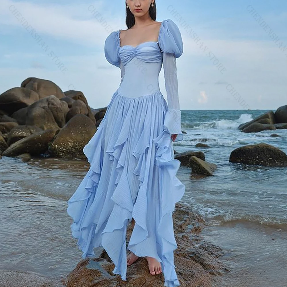 

Blue Square Neck A-Line Long Sleeves Evening Dress Chic Prom Gown Robes De Soirée Customized Dresses