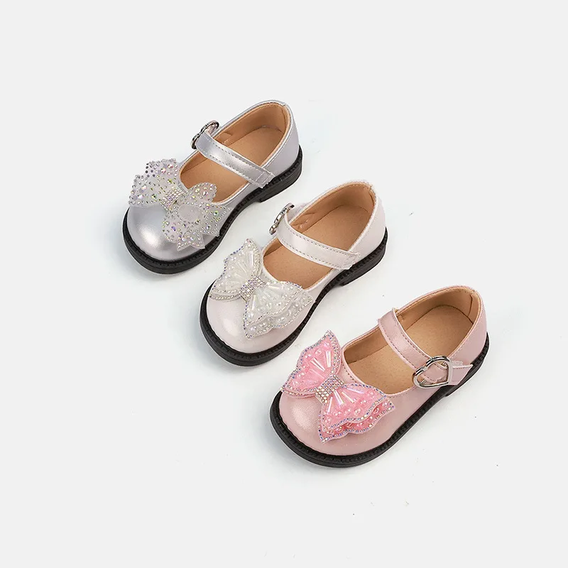 Mumoresip Kids Mary Jane Dress Shoes Sparkly Rhinestone Bow Girls Princess Shoes Non-slip Children Party Wedding Leather Shoes
