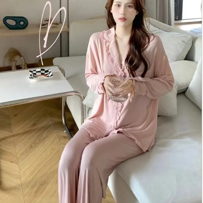 Ruffles Sleepwear Women Pajama Sets Autumn Piiama Solid Color Pants Sets for Women 2 Pieces Button Korean Night Wears Home Suit