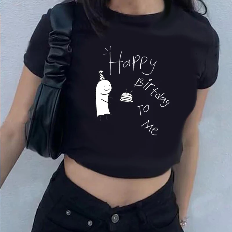 Happy Birthday to Me Letters Lettering Reflective Print Raglan Short Sleeve Women Sexy Cropped Top Women's Baby Cropped T-Shirt