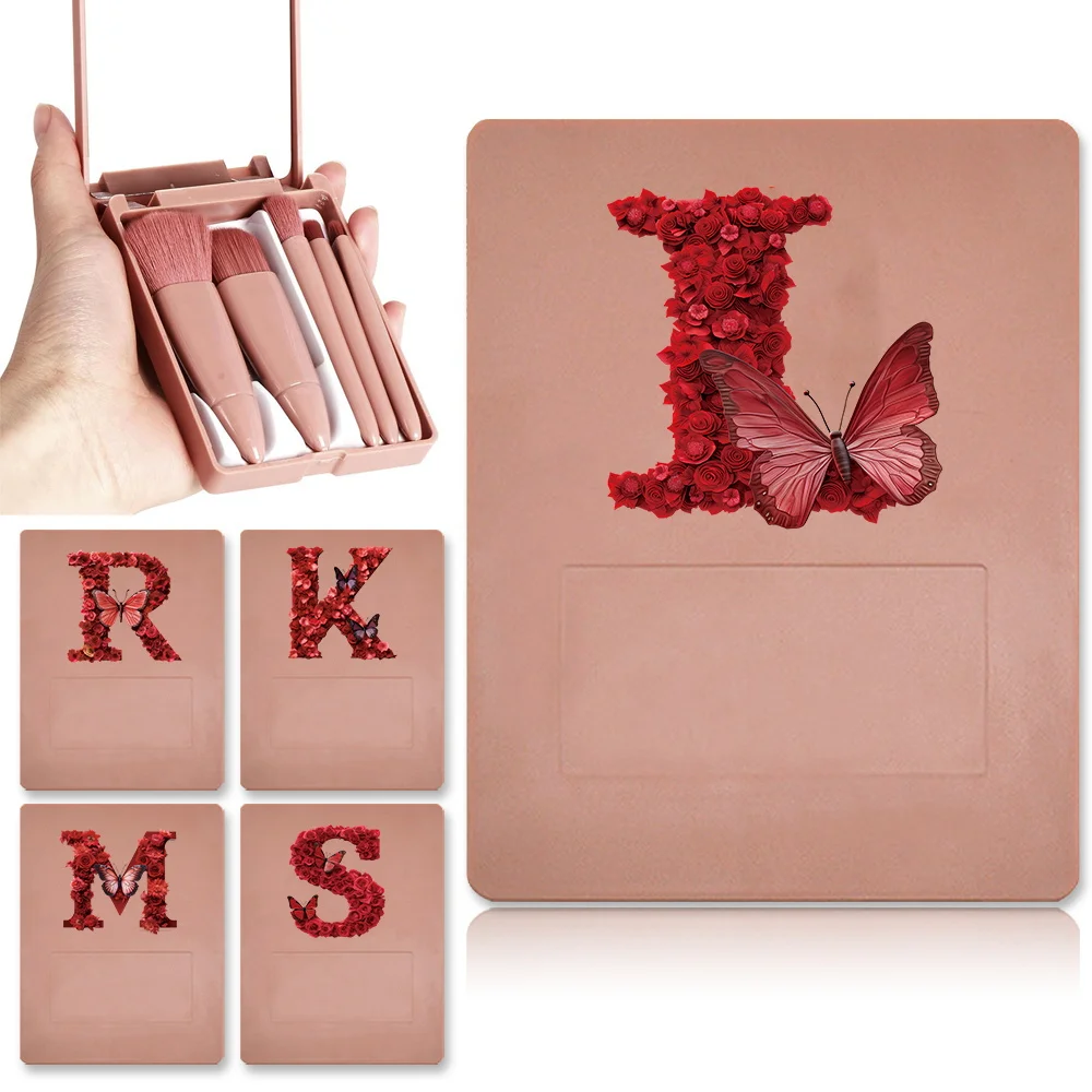 

5 Pcs Makeup Brushes Kit With Mirror Organizer Case Foundation Loose Powder Smudge Brush Storage Box Red Rose Letter Pattern