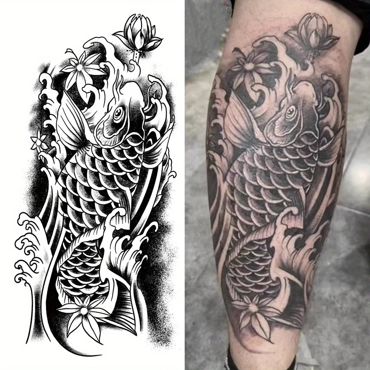 1 Sheet Koi Carp Tattoo Sticker Waterproof Long Lasting Arm Party Temporary Tattoo