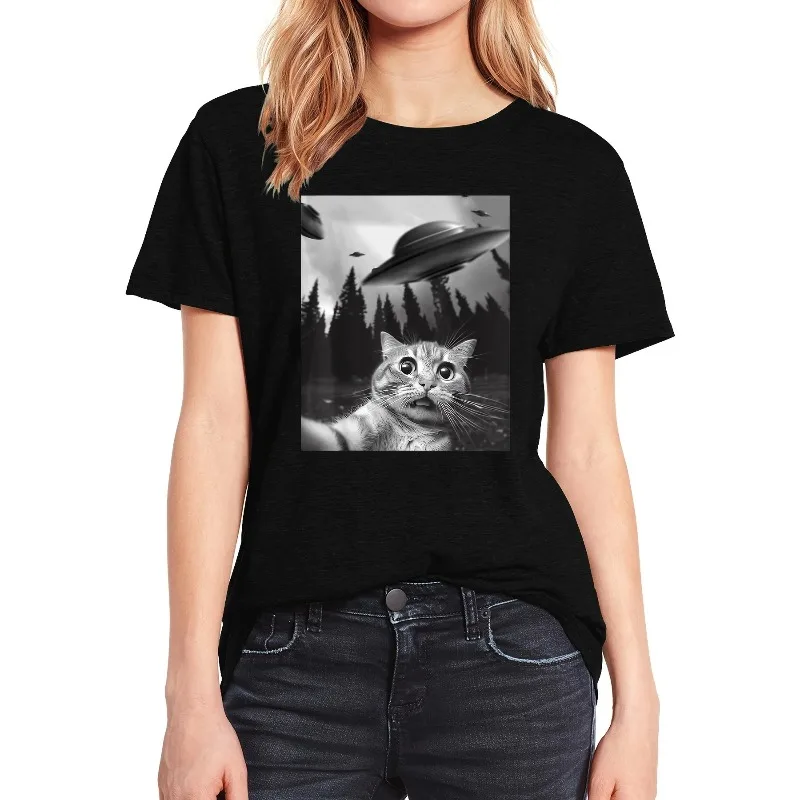 القط و UFO طباعة طاقم الرقبة تي شيرت عادية تي شيرتات قصيرة الاكمام لربيع وصيف الملابس النسائية Kawaii ملابس النساء الملابس #1